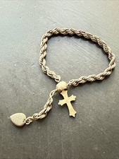 Ancien Bracelet Gourmette En Argent Massif Silver Maille chaine chapelet croix 