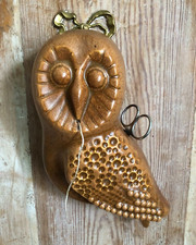 Vintage French 70s Ceramic OWL Heavy Hanging String Scissor Keeper Signed