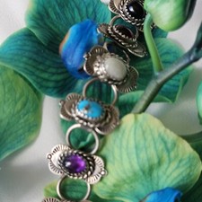 Bracelet Articulé Amérindien Argent Sterling Turquoise Grenats Onyx Améth. 17,5c