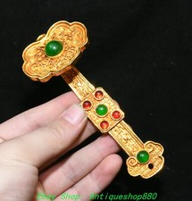 3.9''Old Chinese Dynasty Bronze Gilt Inlay Gems Lucky Ruyi Statue Sculpture