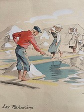 Rare gravure & aquarelle Pays