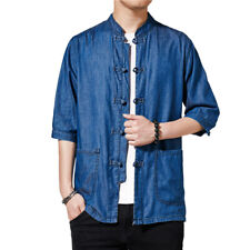 Hommes Manche Courte Jean Décontracté Kung Fu Chemisier Haut Frog Poche Bouton