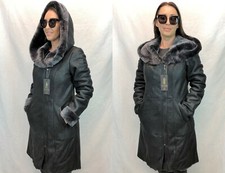 Noir/Gris Véritable 100% Peau Mouton de Cuir Manteau Long Capuche XS - 6XL