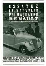Publicité ancienne voiture automobile Renault Primaquatre 1937 issue de magazine
