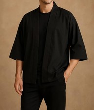 Kimono noir homme - Veste japonaise légère manches 3/4, style décontracté
