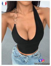 Top Sexy noir à anneaux métalliques Décolleté plongeant & coupe ajustée crop-top