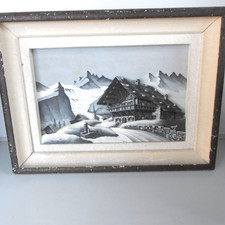 tableau chalets de montagne relief bois signe raugel