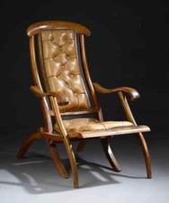 SIÈGE DE REPOS PLIANT ANCIEN EN NOYER ET CUIR CAPITONNÉ ( ANGLETERRE DÉBUT XXe )