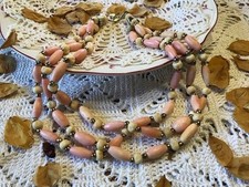 Collier ancien perles en chute 3 rangs beige rose doré bois Vintage