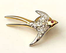 BROCHE pins HIRONDELLE doré strass Yeux Rouge Rubis NEUF 3,2cm