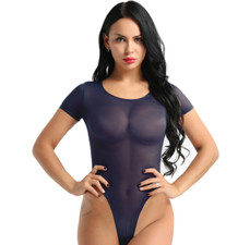 Body sexy échancré bleu mesh fine résille transparent original manches courtes