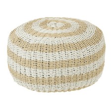 Pouf Rond à Rayure "Tissage" 50cm Blanc & Naturel
