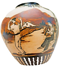 Vase en grès de Ciboure décor maisons Basques signé V.E haut  13 x diam 14 cm