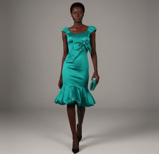 Karen Millen Femme Robe Vert " Flag " Bright Satin Bow To Taille Gala UK 8