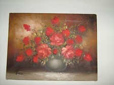tableau huile sur toile bouquet roses ou pivoines rouges signé ester