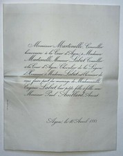 EUGENIE LABAT Paul Amblard FAIRE PART MARIAGE Martinelli AGEN 1883