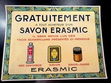 Rare Plaque publicitaire Carton Savon Erasmic Pharmacie D’antan