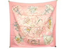 RARE FOULARD HERMES LES TRIPLES NICOLE LAMBERT 2004 CARRE 90 CM SOIE ROSE SCARF