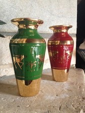 Paire Vases Arlux Verre décoré main années 50 50's French glass vase gold