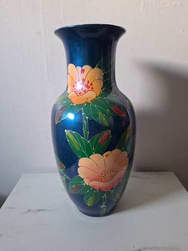 Grand vase vintage bleu motif