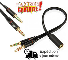 Cable Adaptateur Splitter Y Mini Jack Femelle TRRS a Double AUX Male TRS noir
