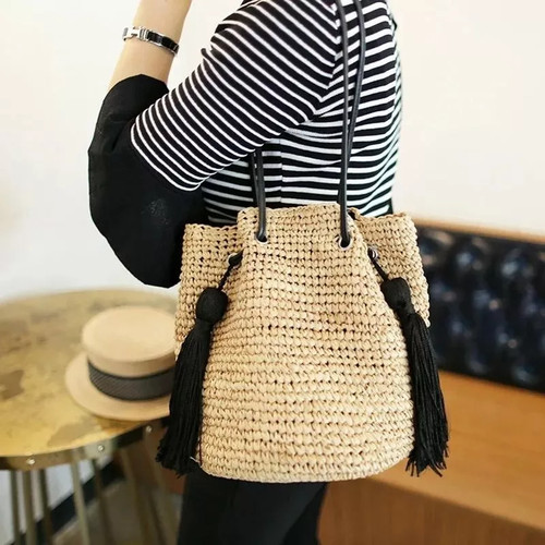 Sac seau paille tressée - seau, en