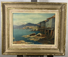 Huile sur panneau Vue Présumée d'Italie Maisons en Bord de mer Signée