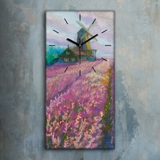 Horloge murale sur toile 30x60 Art Tableau  lavande prairie moulin à vent