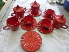 service à café Rouge Cardinal vintage céramique Vallauris -Tasses, sucriers, pot