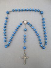  Chapelet ancien à perles de pierres apatites bleues et coeur de Marie et Jésus