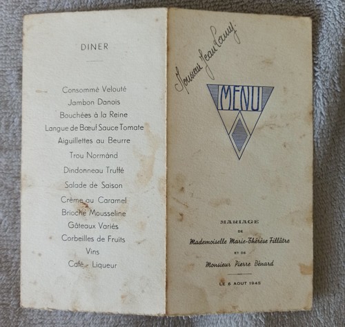 Ancien menu mariage 1945