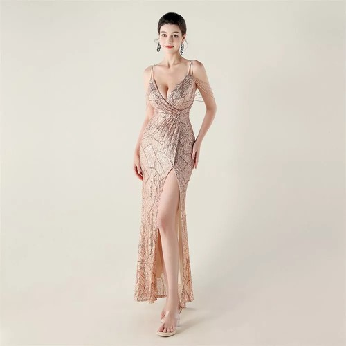 Robe longue paillettes - robe, or