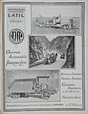 PUBLICITÉ DE PRESSE 1920 AUTOMOBILE INDUSTRIELS LATIL CHARRUE CAMION TRACTEUR