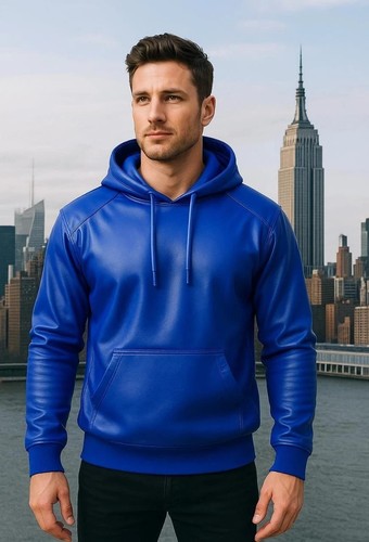 Veste cuir capuche bleu - veste, en
