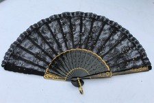 éventail ancien vintage bois laqué noir laiton  dentelle sequin boîte collection