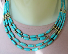Ancien collier argenté style ethnique 4 rangs de perles turquoise bijou B2
