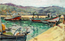 Tableau Huile Paysage Marin Bateaux Impressionniste XXème