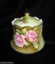 VTG LEFTON 719 HERITAGE GREEN JELLY~JAM POT & LID~PINK ROSES~GOLD TRIM~EUC