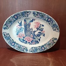 Grand Plat Ovale En Porcelaine Italienne Stoviglierie, Paon Rose Et Bleu, 47cm
