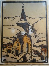 J. MORLOT (XIX-XX) GRAVURE BOIS ORIGINALE PAYSAGE HAUTE SAVOIE ALPES HOMME SKI