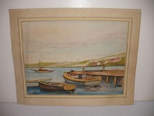 VINTAGE WATERCOLOR BOATS DOCK