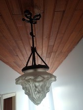 LUSTRE SUSPENSION abat-jour OBUS ancien - VERRE moulé pressé + monture fer forgé
