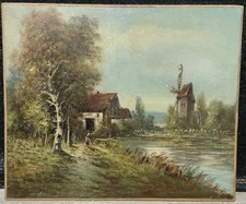 Tableau Ancien signé A identifier ? Peinture Paysage Moulin animé XIXE Huile Hst