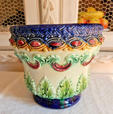 ANCIEN CACHE POT JARDINIERE EN BARBOTINE POLYCHROME DECOR FLORAL   BEL ETAT
