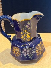 Masons pitcher  hand enameled cobalt blue with gold flowers  circa 1815