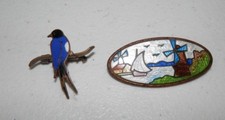 2(two )Vintage Pins Copper Cloisonne - Bird Piece and Mill and Boat Landscape  
