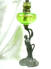 ANCIENNE LAMPE PETROLE ART NOUVEAU BOL VERT EMAILLE STATUE FEMME OIL LAMP