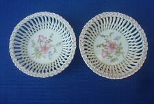 V48 Paire Coupelle Faience Porcelaine Tressée Décor Fleur main Vide Poche TB