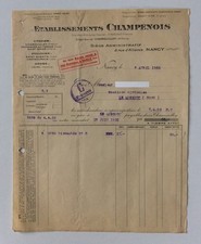 FACTURE 54 M&M / ETS CHAMPENOIS NANCY /  CHAMOUILLEY / CACHET ST QUENTIN / 1933