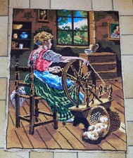 VTG Tapisserie La Fileuse Nicolaes Maes Femme au Rouet Canevas Terminé 66x53 cm